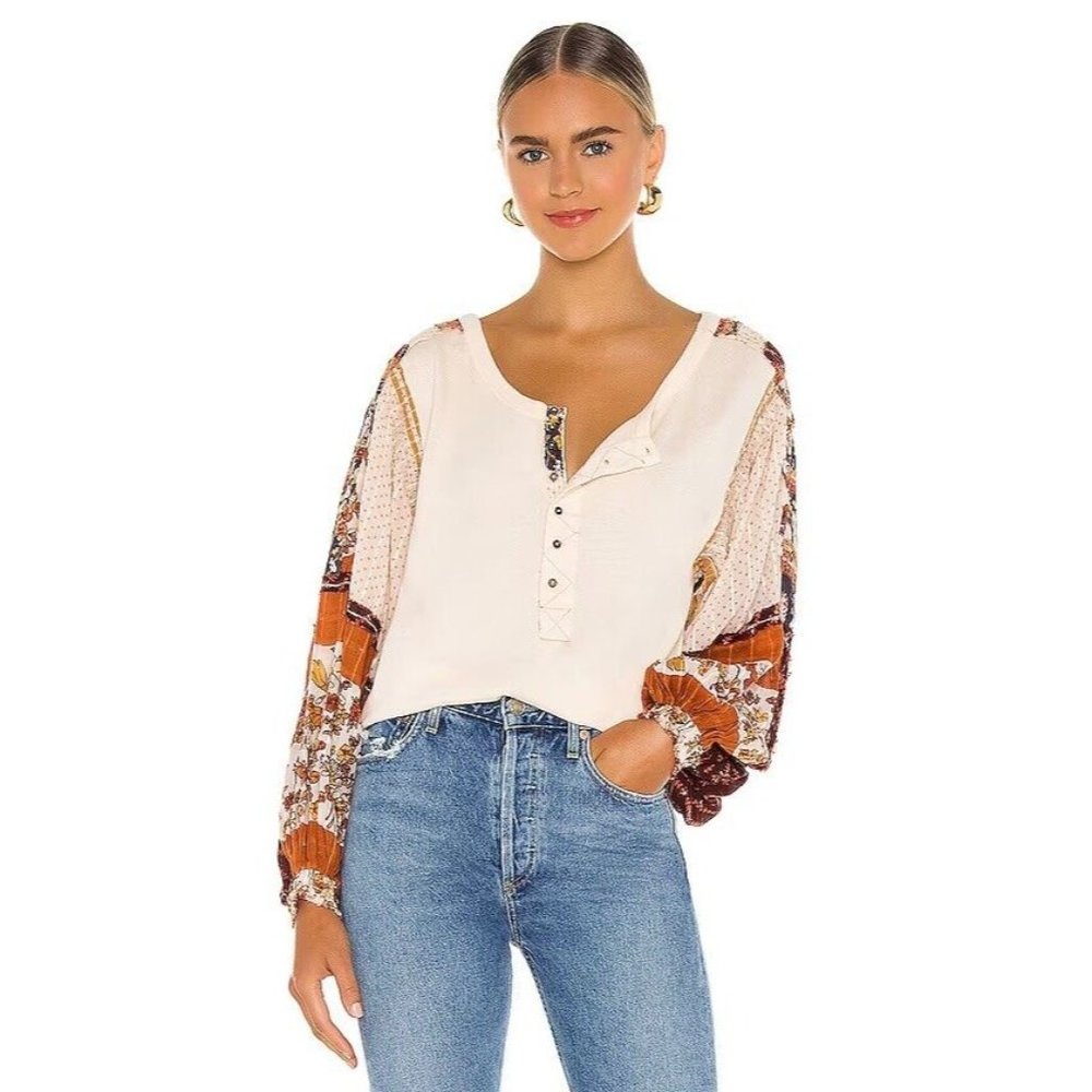 Free People Light Magic Henley Top Vanilla Creme Boho Floral - Picture 3 of 7